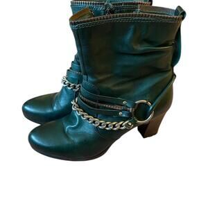 Mjus Dark Green Leather Ankle Boots w Metal Detail